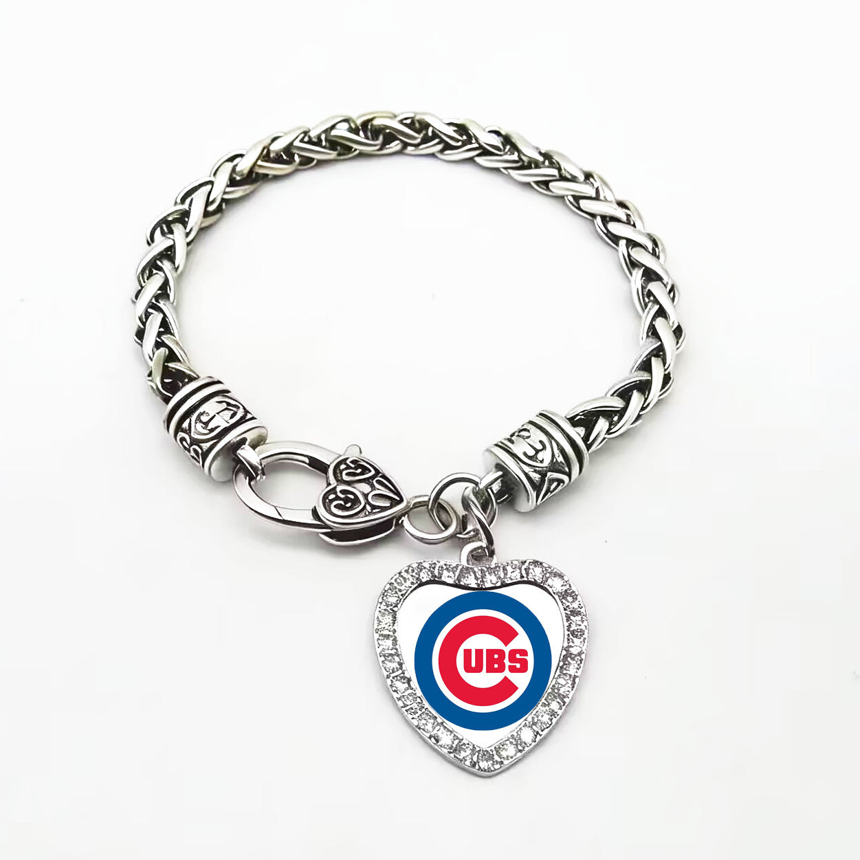 MLB Diamond-studded heart-shaped twisted thick bracelet, heart-shaped lobster clasp baseball team