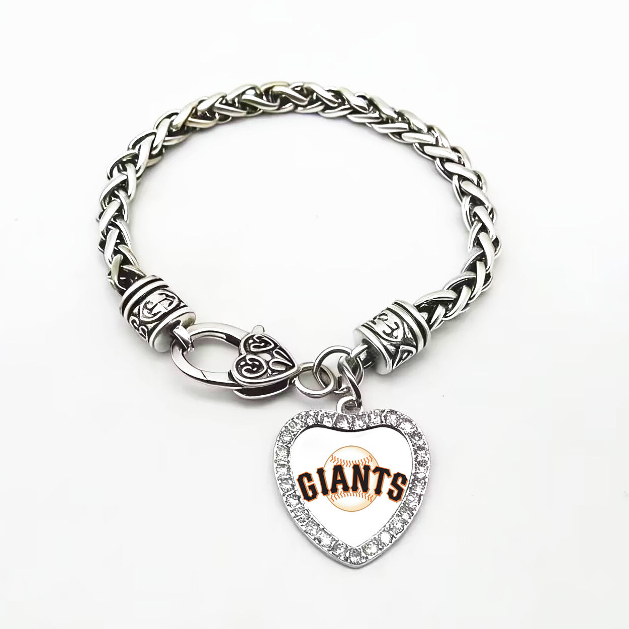 MLB Diamond-studded heart-shaped twisted thick bracelet, heart-shaped lobster clasp baseball team