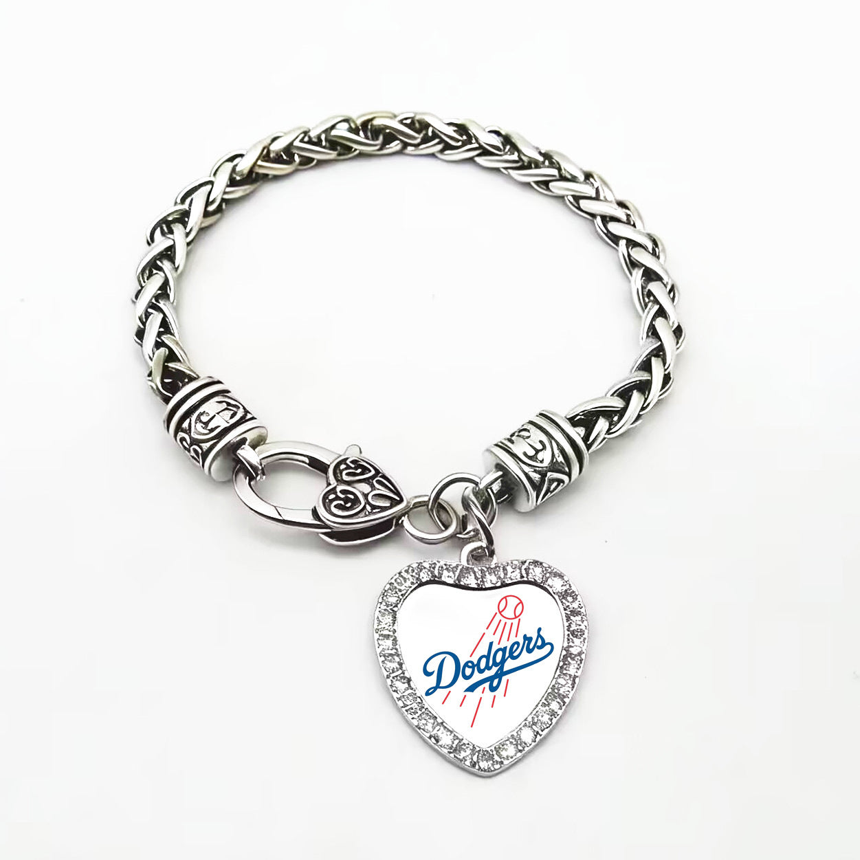 MLB Diamond-studded heart-shaped twisted thick bracelet, heart-shaped lobster clasp baseball team