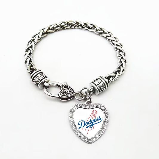 MLB Diamond-studded heart-shaped twisted thick bracelet, heart-shaped lobster clasp baseball team